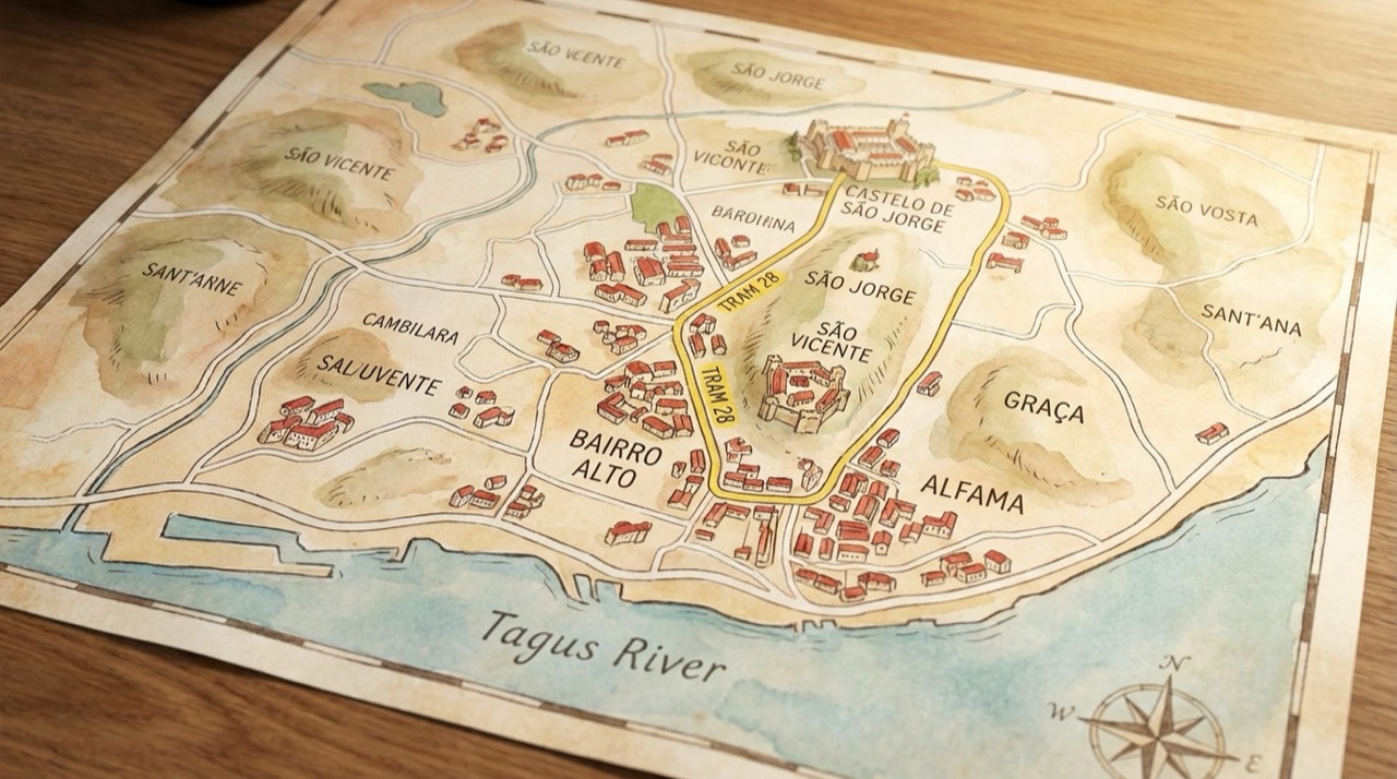 Aerial watercolor map of Lisbon with highlighted neighborhoods, showing the seven hills, Tagus River, Castelo de Sao Jorge, Tram 28 route, red rooftops cascading down hillsides