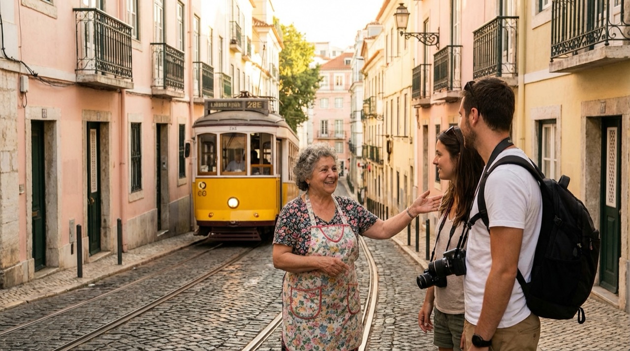 Colorful illustration of a friendly Lisboeta greeting a tourist on a cobblestone street in Alfama, yellow tram passing behind, warm afternoon light