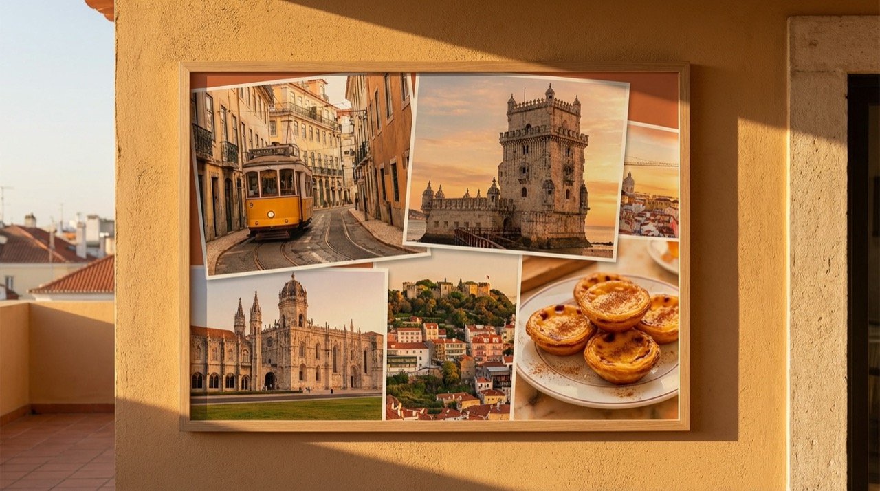 Travel poster style collage of Lisbon landmarks: Tram 28, Torre de Belem, Jeronimos Monastery, Castelo de Sao Jorge, pasteis de nata, all in warm Mediterranean colors