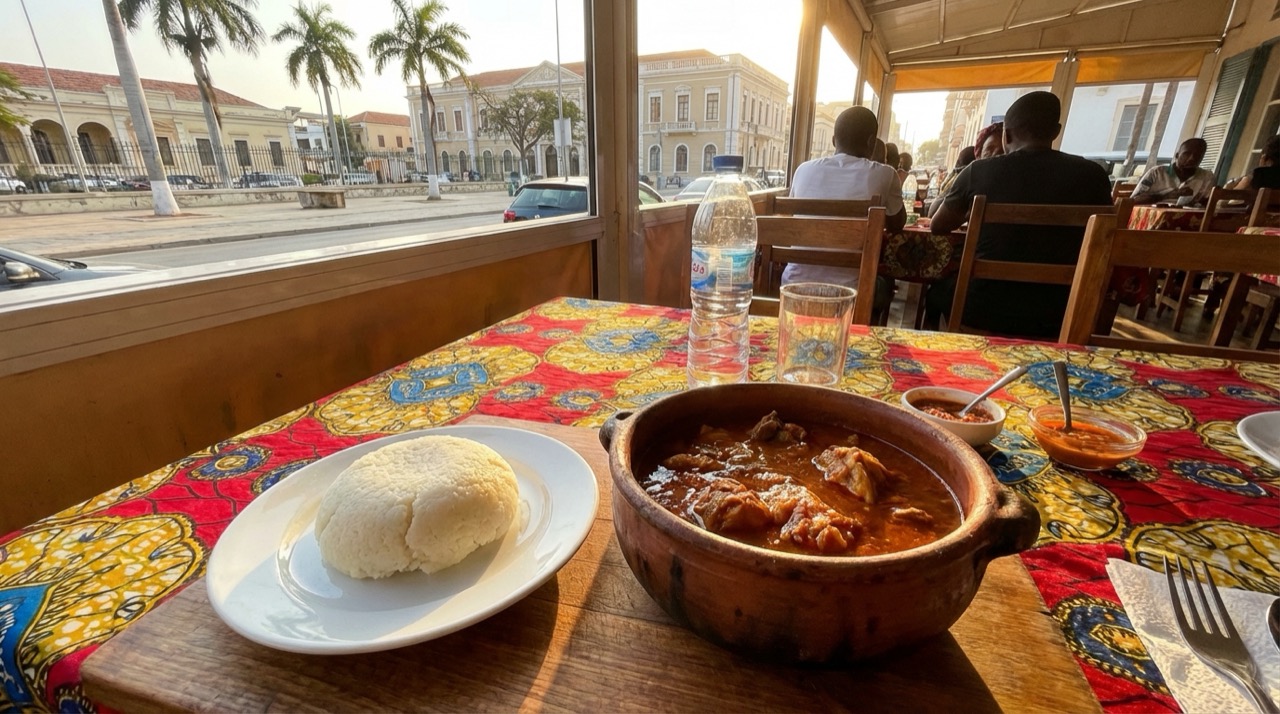 Angolan muamba de galinha served in a clay pot with funge on the side, colorful table setting at a Luanda restaurant