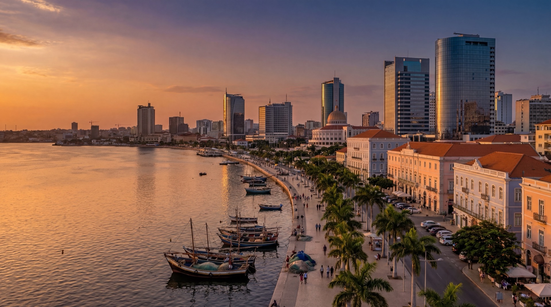 Panoramic view of Luanda bay with the Marginal promenade, colorful colonial buildings, modern skyline in the background, warm golden hour light reflecting off the Atlantic Ocean, tropical palm trees lining the waterfront