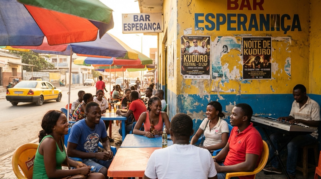 Young Angolans hanging out at a colorful outdoor bar in Luanda with kuduro music posters on the wall