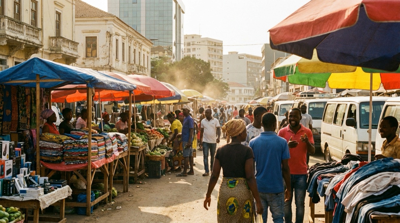 Busy Luanda street market with vendors and colorful stalls, people chatting under tropical sun