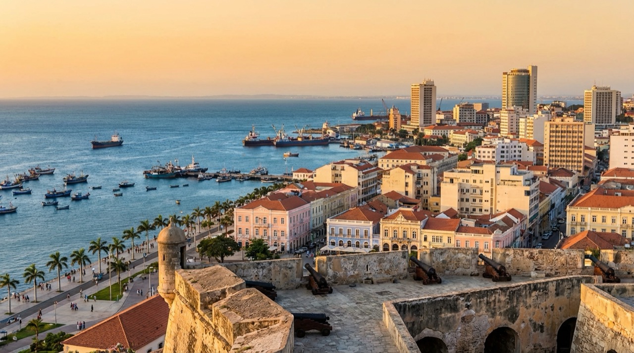 Fortaleza de São Miguel overlooking Luanda bay with colonial architecture and Atlantic Ocean in background