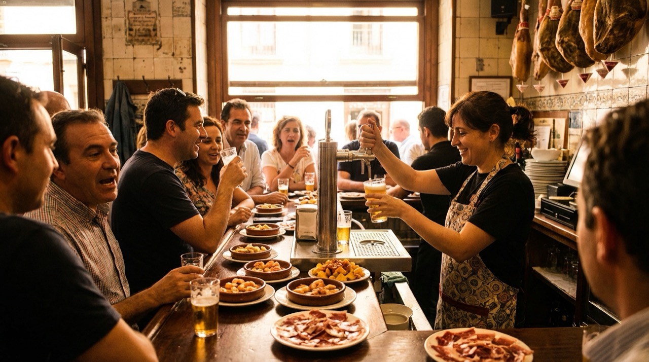 Lively Madrid tapas bar counter with small plates, cañas of beer, and a bartender, warm lighting, flat illustration style
