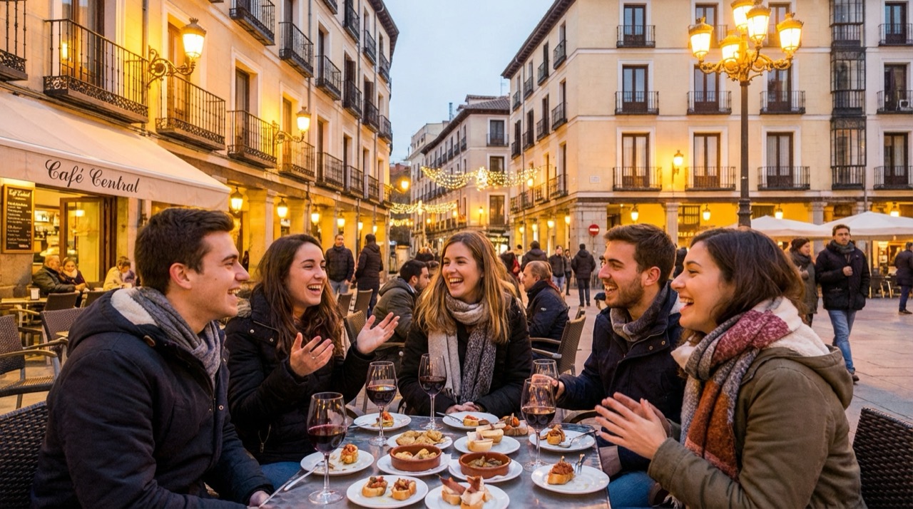 Group of young Madrileños chatting at a lively plaza with outdoor seating, flat illustration style with warm tones