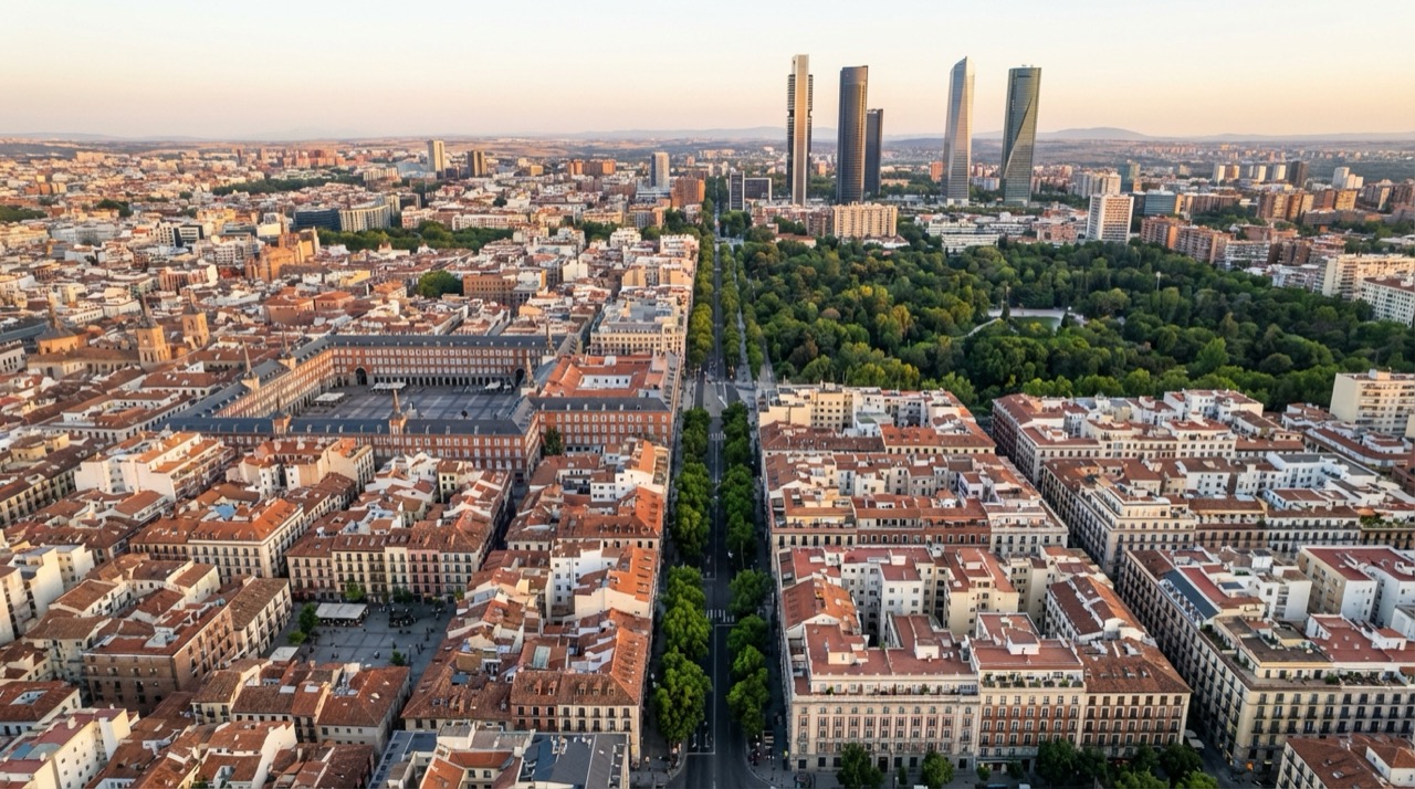 Aerial view of Madrid neighborhoods with distinct architectural styles, from historic plazas to modern districts, flat illustration style