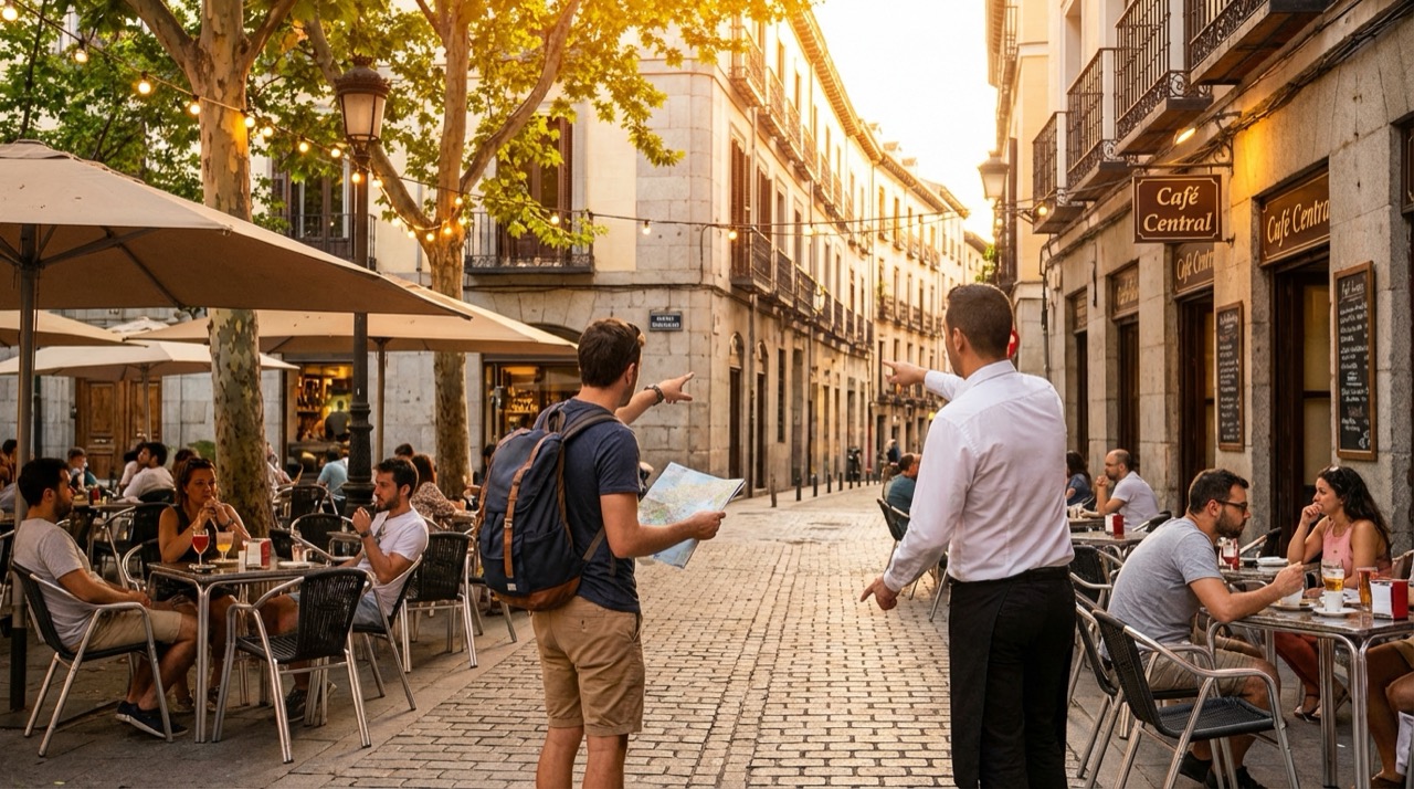 Traveler at a Madrid cafe terrace asking for directions, warm evening light, flat illustration style