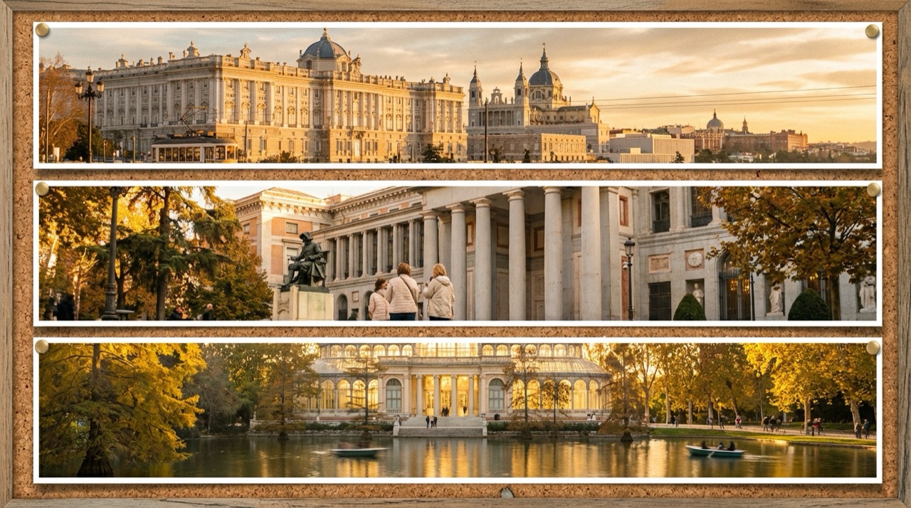 Collage of Madrid landmarks including the Royal Palace, Prado Museum, and Retiro Park, flat illustration style with warm golden light