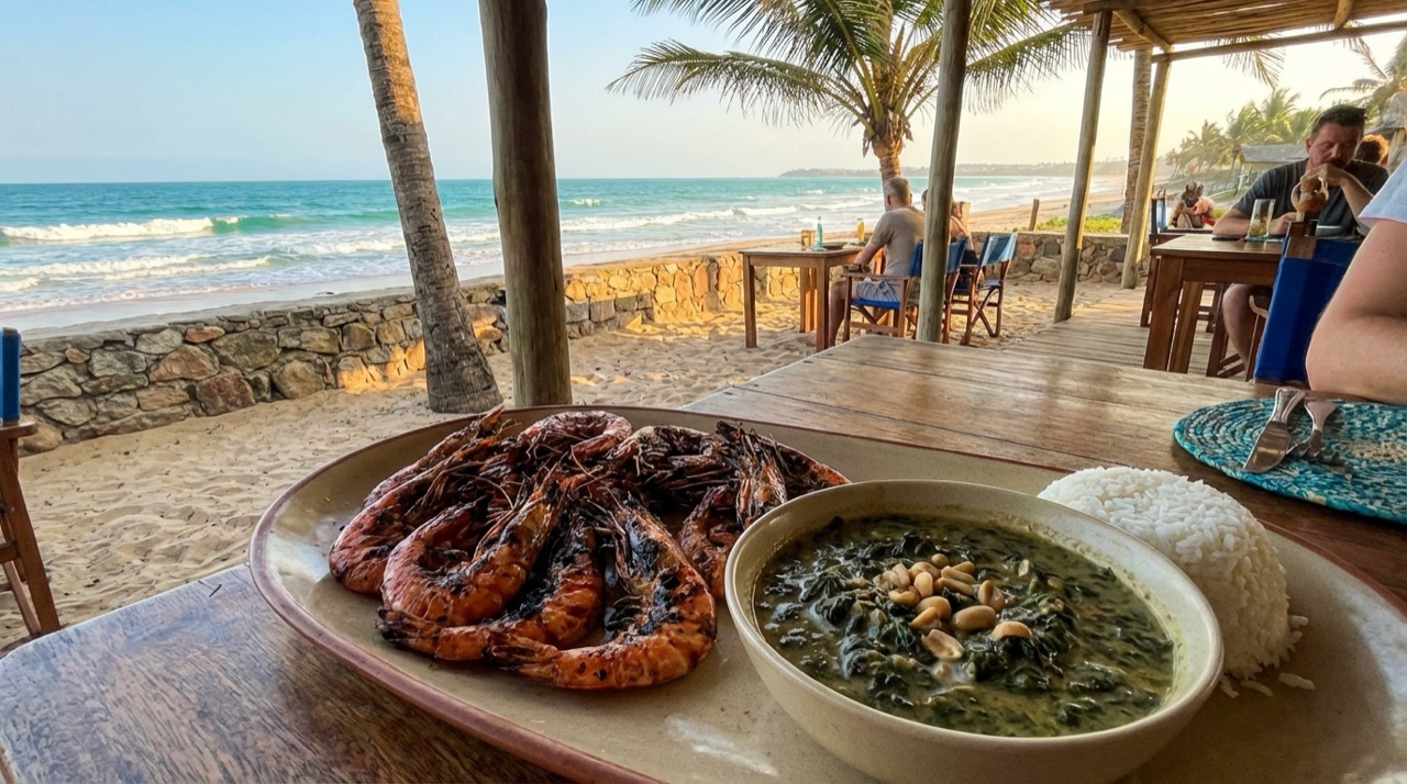 Plate of grilled prawns with matapa and rice served at a Maputo beachside restaurant, Indian Ocean in the background