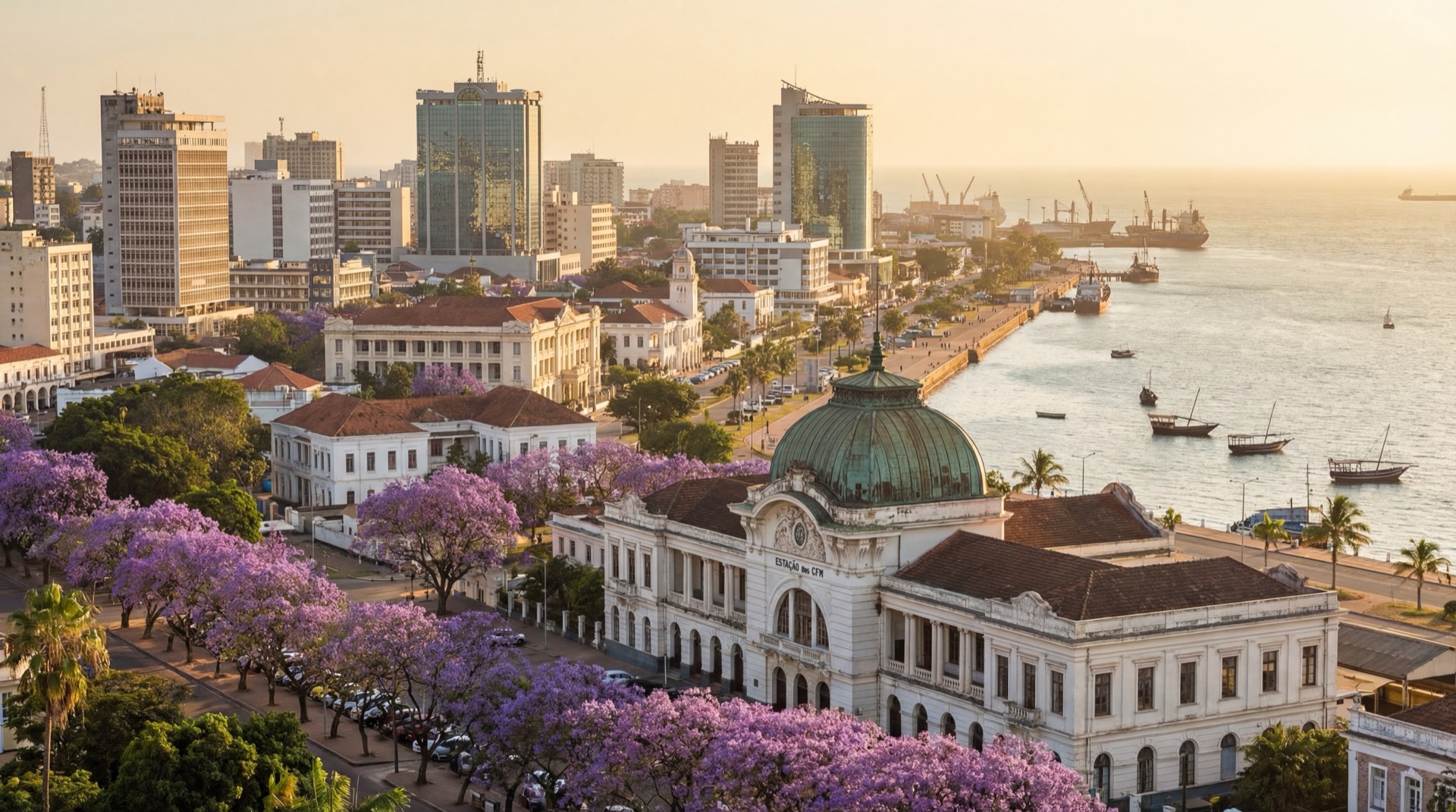 Panoramic view of Maputo waterfront with the iconic CFM railway station, jacaranda trees in bloom, Indian Ocean in the background, warm tropical light, colonial and modern architecture blending together