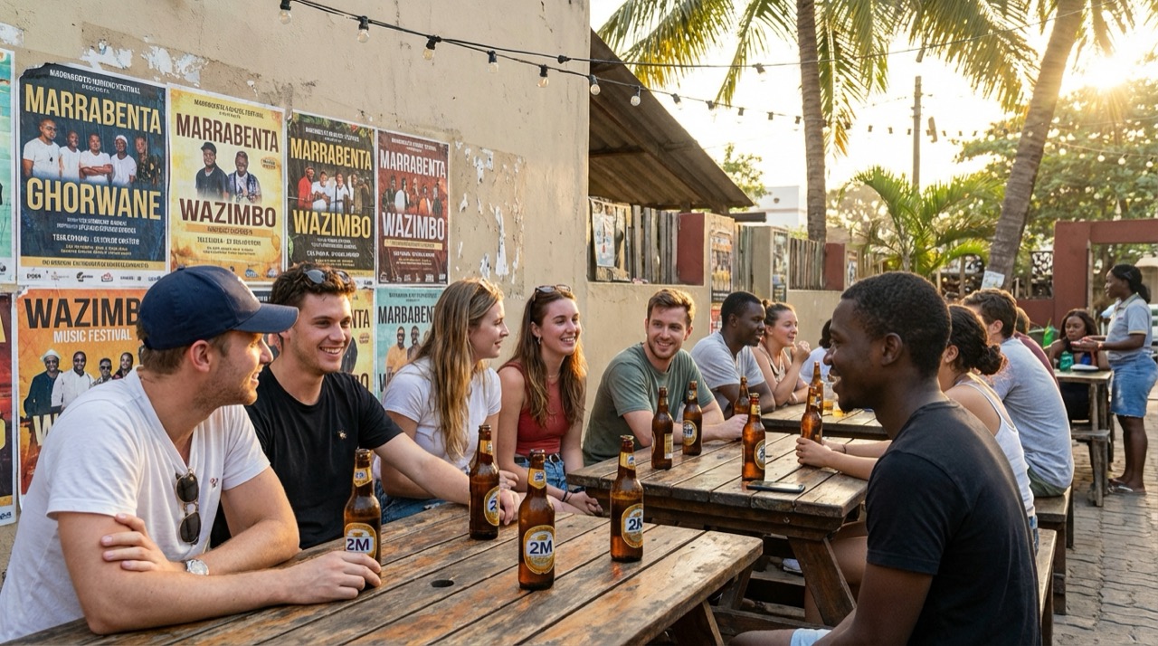Young Mozambicans at an outdoor bar in Maputo, marrabenta music posters on the wall, cold 2M beers on the table