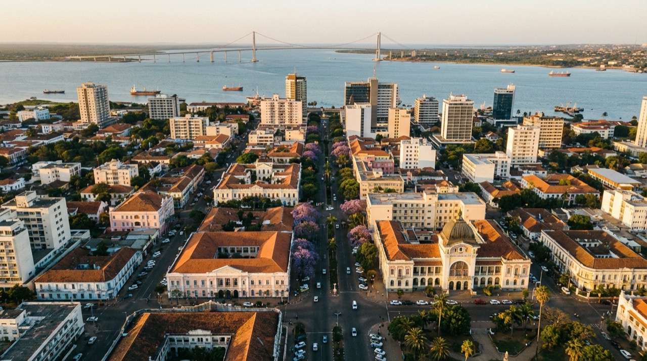 Aerial view of Maputo with tree-lined avenues, colonial buildings, the bay, and the Maputo-Katembe bridge in the distance
