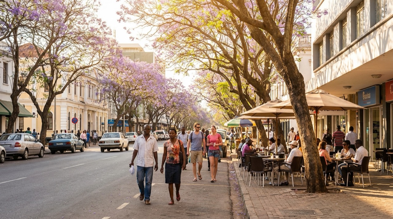 Maputo street scene with people walking along Avenida Julius Nyerere, jacaranda trees, outdoor cafes