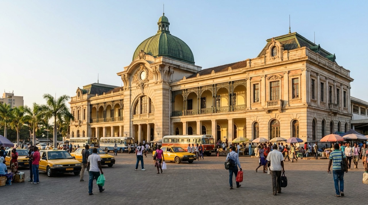 The iconic CFM railway station in Maputo with its green dome, colonial architecture, and bustling plaza in front