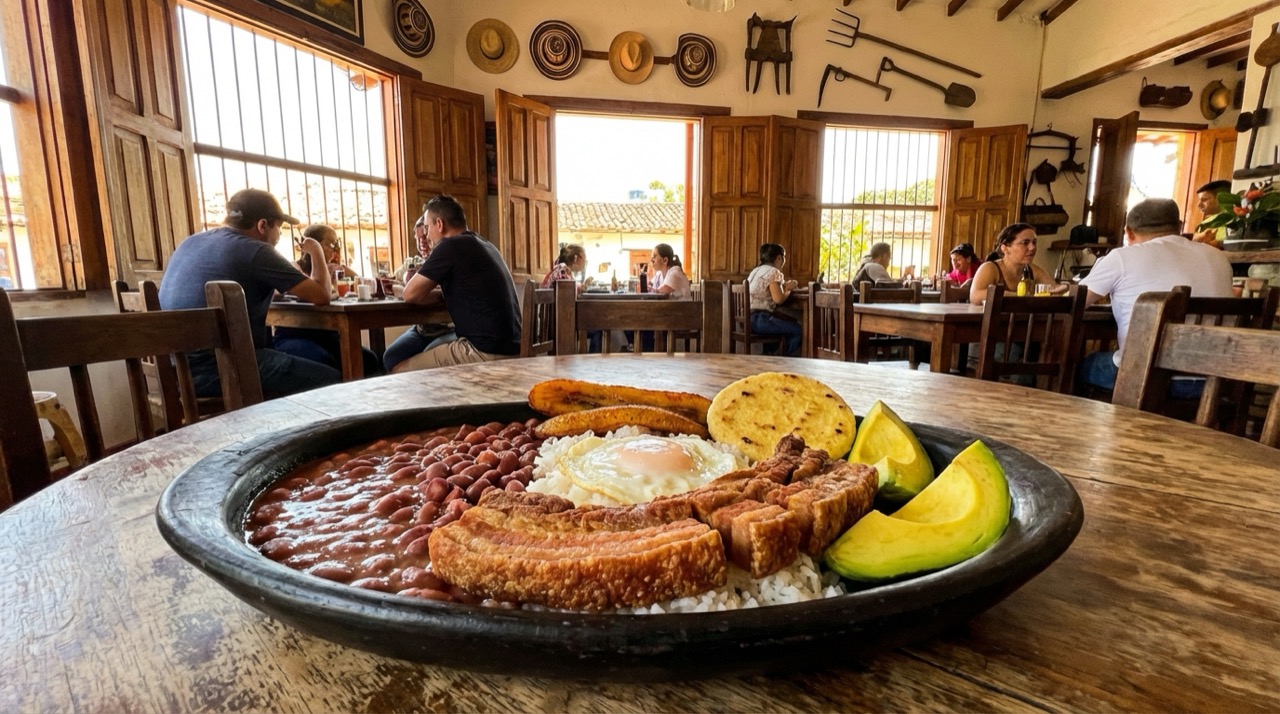 Massive bandeja paisa platter on a rustic wooden table, beans, rice, chicharrón, fried egg, plantain, arepa, avocado, traditional Paisa fonda setting