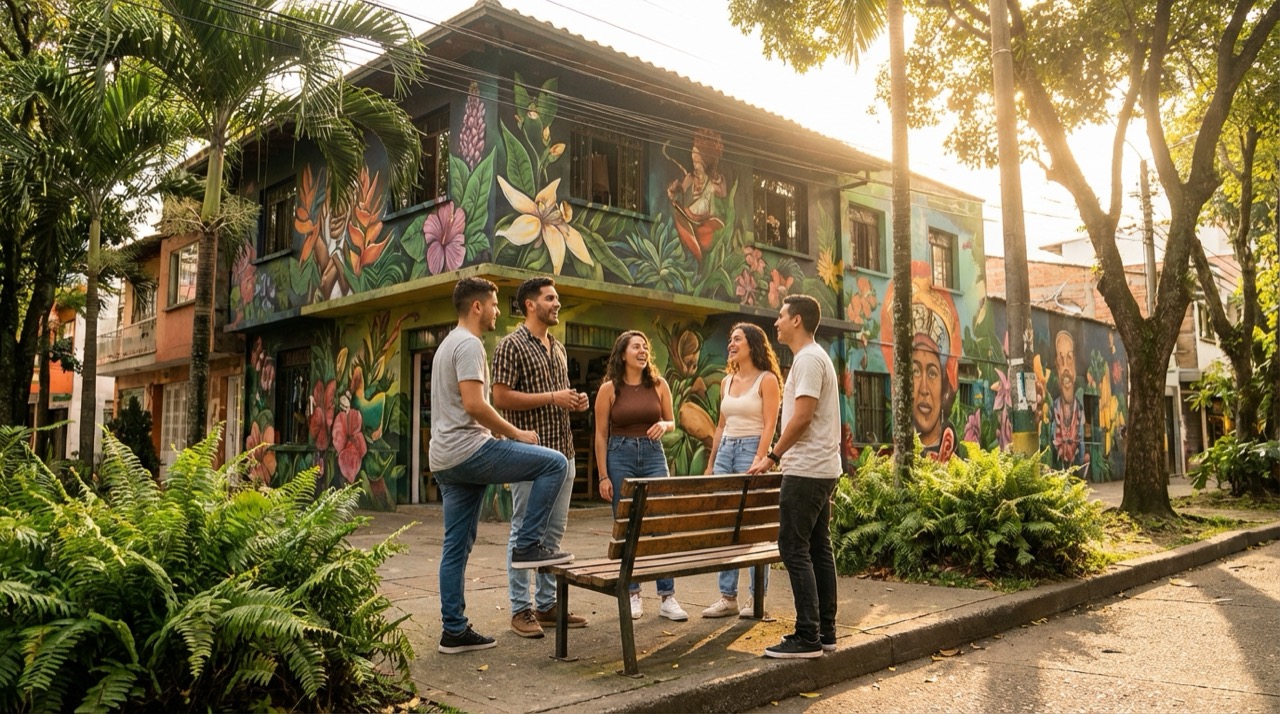Group of young Paisas laughing and chatting at a street corner in Laureles, colorful murals behind them, tropical trees, warm afternoon light