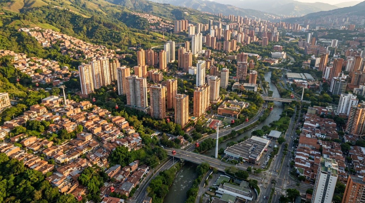 Aerial view of Medellín in the Aburrá Valley, lush green hills, modern towers in El Poblado, cable cars crossing to hillside barrios, warm light