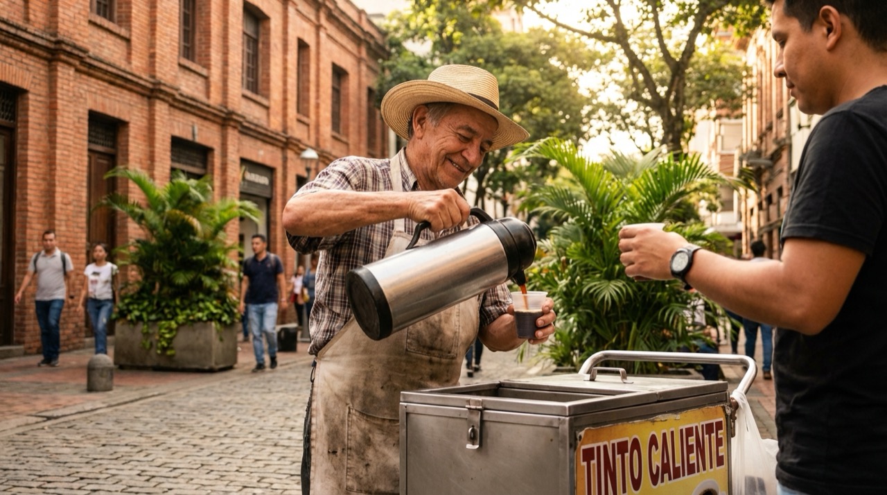 Friendly Paisa street vendor serving tinto from a thermos in downtown Medellín, warm smile, red brick buildings, tropical plants, morning light