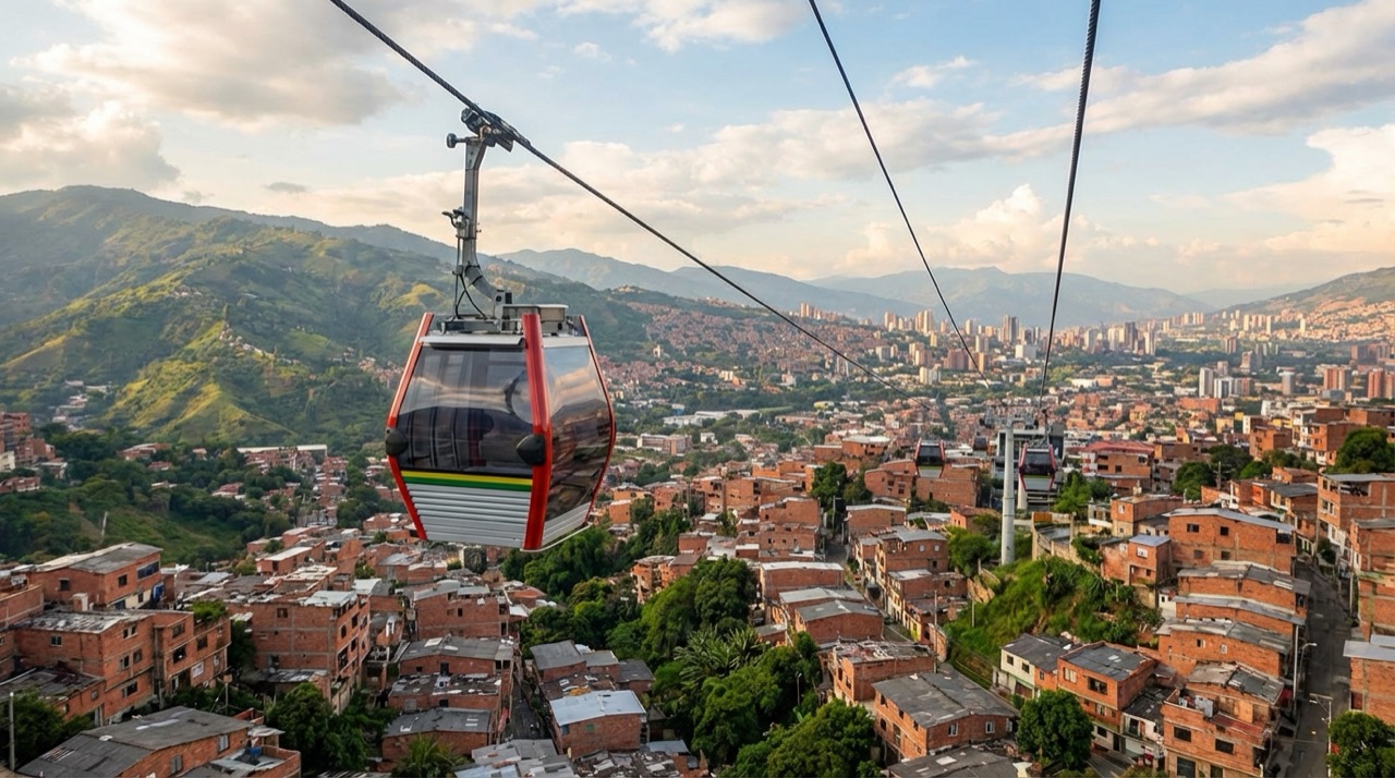 Metrocable gondola car over Medellín with panoramic valley view, lush green hills, red brick barrios below, blue sky, dramatic perspective