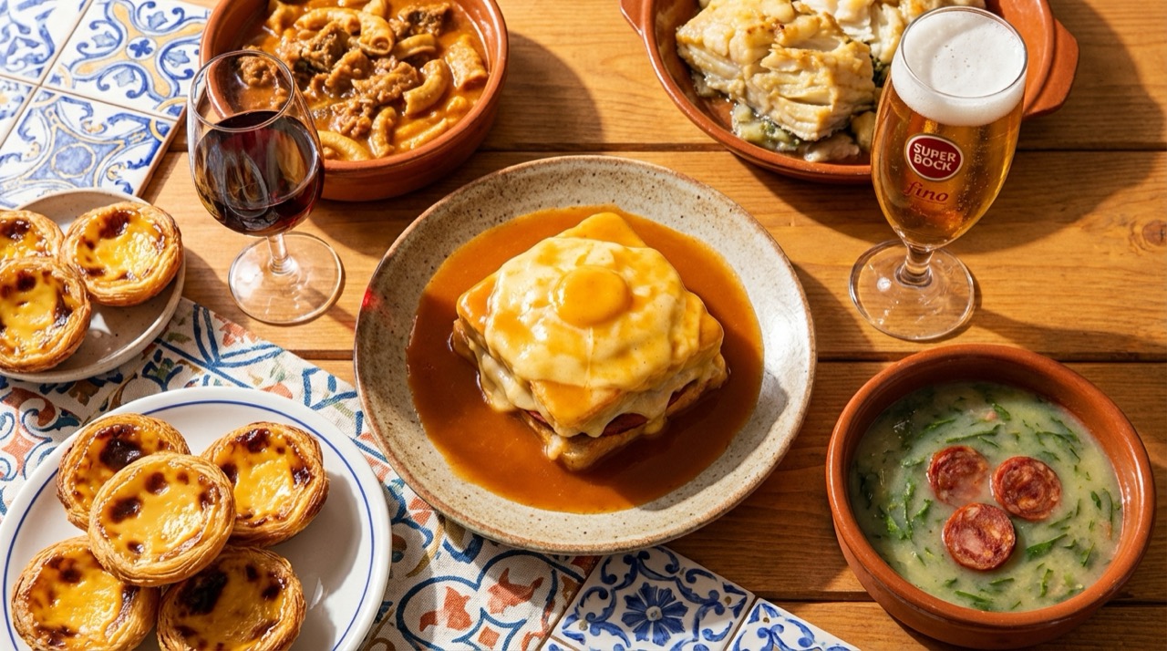 Colorful overhead photo of a Porto table spread: francesinha with melted cheese and sauce, tripas à moda do Porto, bacalhau, caldo verde, pastéis de nata, a glass of port wine, and a fino of Super Bock