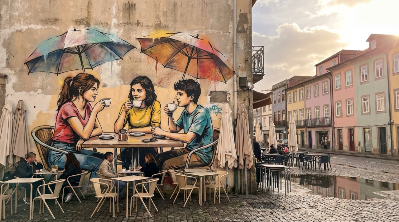 Street art style illustration of young portuenses chatting at an outdoor cafe in Cedofeita, pastel-colored buildings, rain just stopped, umbrellas drying