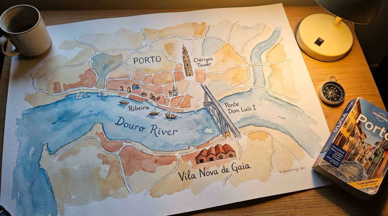 Aerial watercolor map of Porto with highlighted neighborhoods, showing the Douro River, Ribeira, Clérigos Tower, Ponte Dom Luís I, and Vila Nova de Gaia across the water