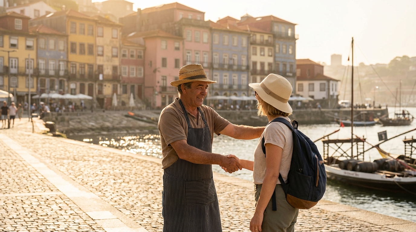 Colorful illustration of a friendly tripeiro greeting a tourist on the Ribeira waterfront, pastel-colored buildings behind, Douro River sparkling in warm light