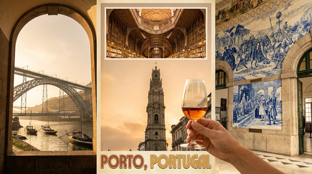 Travel poster style collage of Porto landmarks: Livraria Lello, Clérigos Tower, Ponte Dom Luís I, São Bento azulejos, port wine glass, in warm vintage tones
