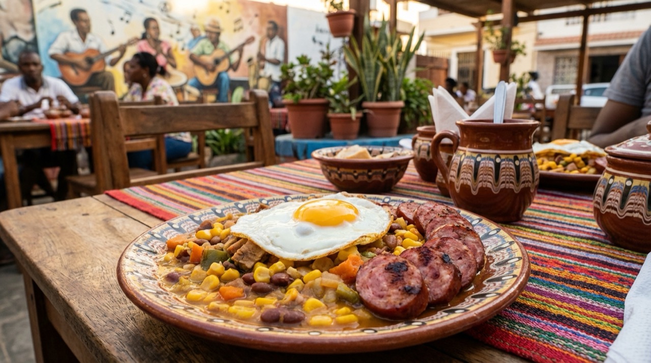Plate of cachupa rica with fried egg and linguiça sausage at a Praia restaurant, colorful table setting, Cape Verdean decor