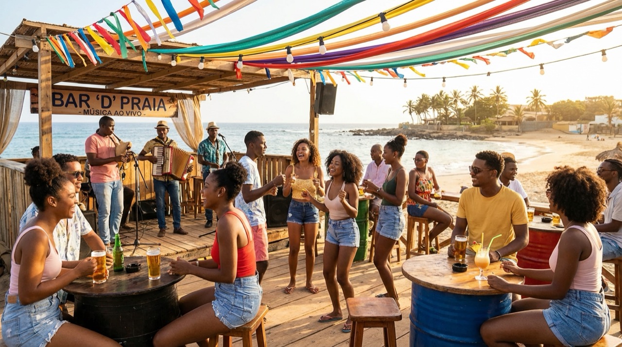Young Cape Verdeans at a beachside bar in Praia, funana music playing, colorful decor, relaxed island atmosphere