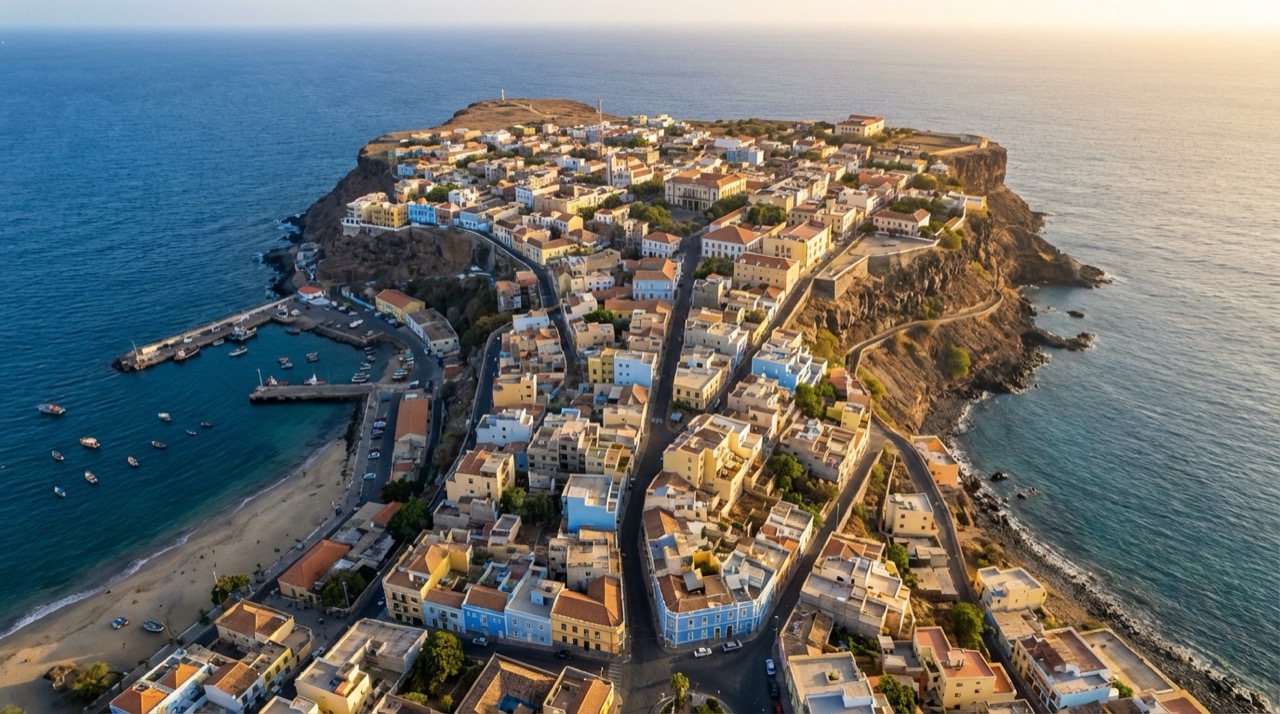 View of Praia from above showing the Plateau district on a cliff, colorful buildings cascading to the coast, Atlantic Ocean surrounding Santiago island
