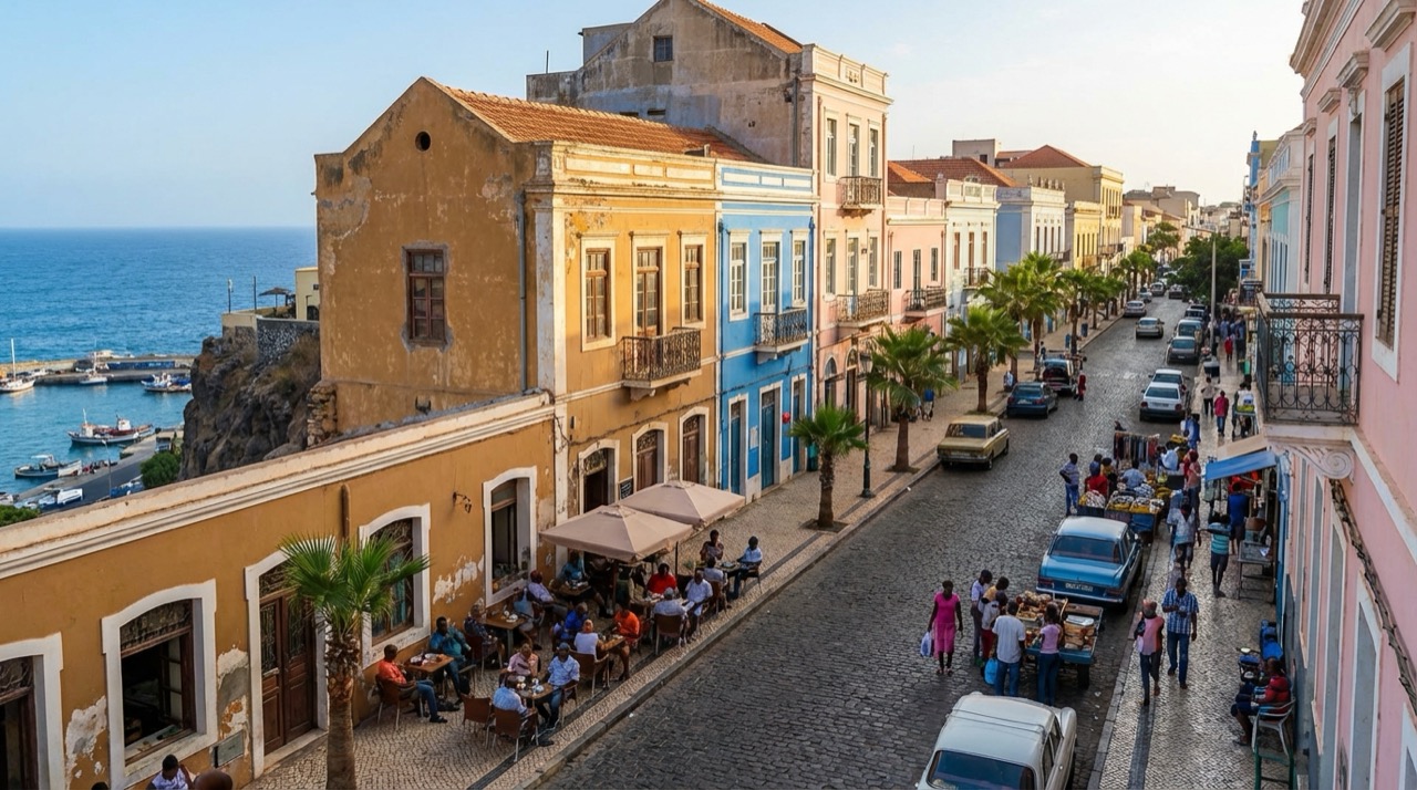 Street scene in Praia's Plateau district with colorful colonial buildings, people chatting on a sunny terrace, Atlantic Ocean visible below