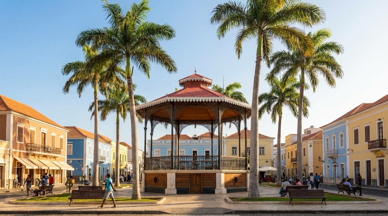 Alexandre Albuquerque square in Praia's Plateau with colonial bandstand, colorful buildings, palm trees, bright Cape Verdean sunshine