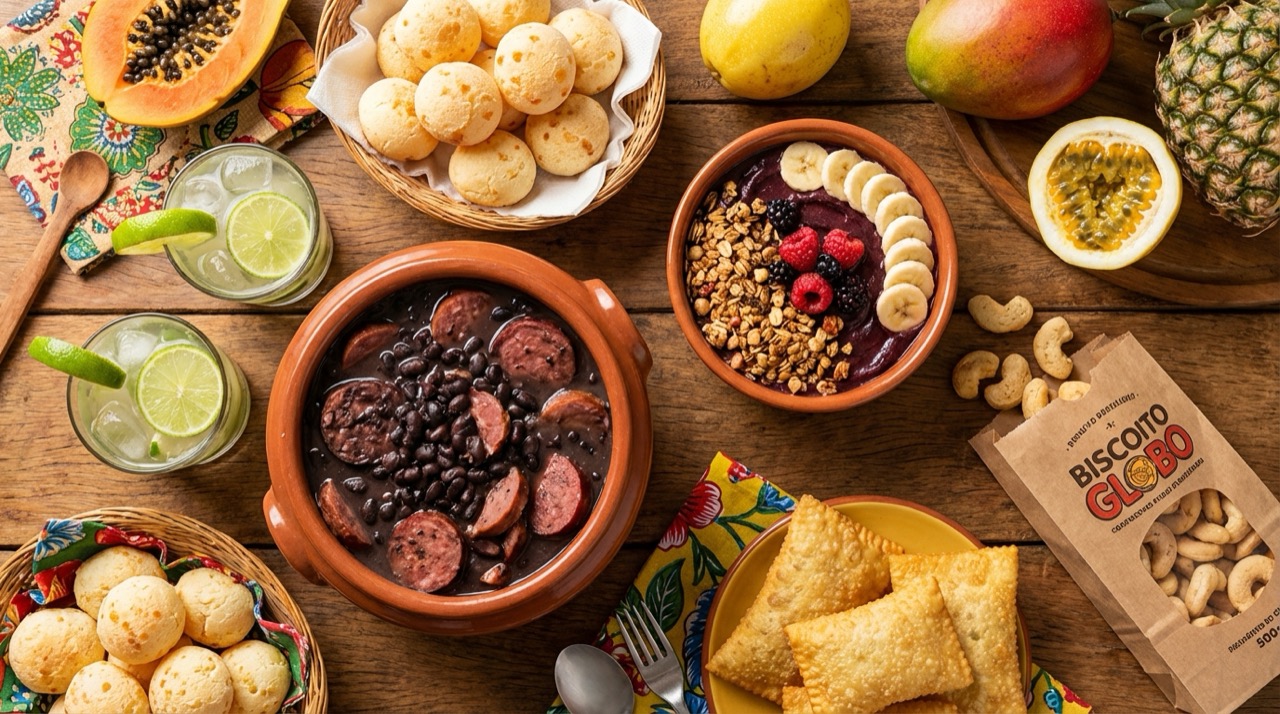 Colorful overhead photo of a Brazilian table spread: feijoada in clay pot, açaí bowl, caipirinhas, pão de queijo, pastéis, biscoito Globo, tropical fruits
