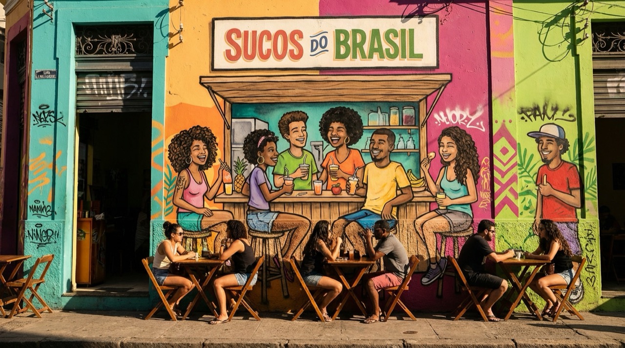 Street art style illustration of diverse young cariocas chatting at a juice bar in Lapa, vibrant graffiti walls, tropical colors