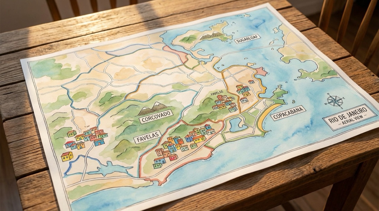 Aerial watercolor map of Rio de Janeiro with highlighted neighborhoods, showing Copacabana beach, Sugarloaf, Corcovado, colorful favelas on hillsides