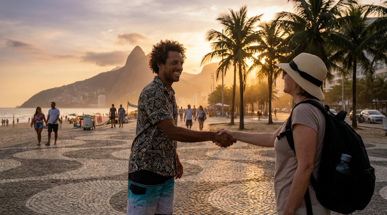 Colorful illustration of a friendly carioca greeting a tourist on Copacabana boardwalk, warm sunset tones, palm trees in background