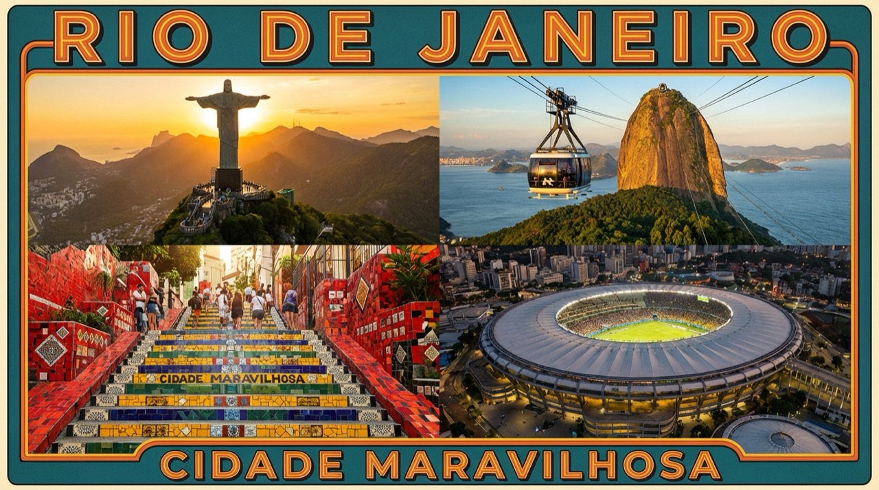 Travel poster style collage of Rio landmarks: Cristo Redentor, Sugarloaf cable car, Selarón Steps, Maracanã stadium, all in warm vibrant colors