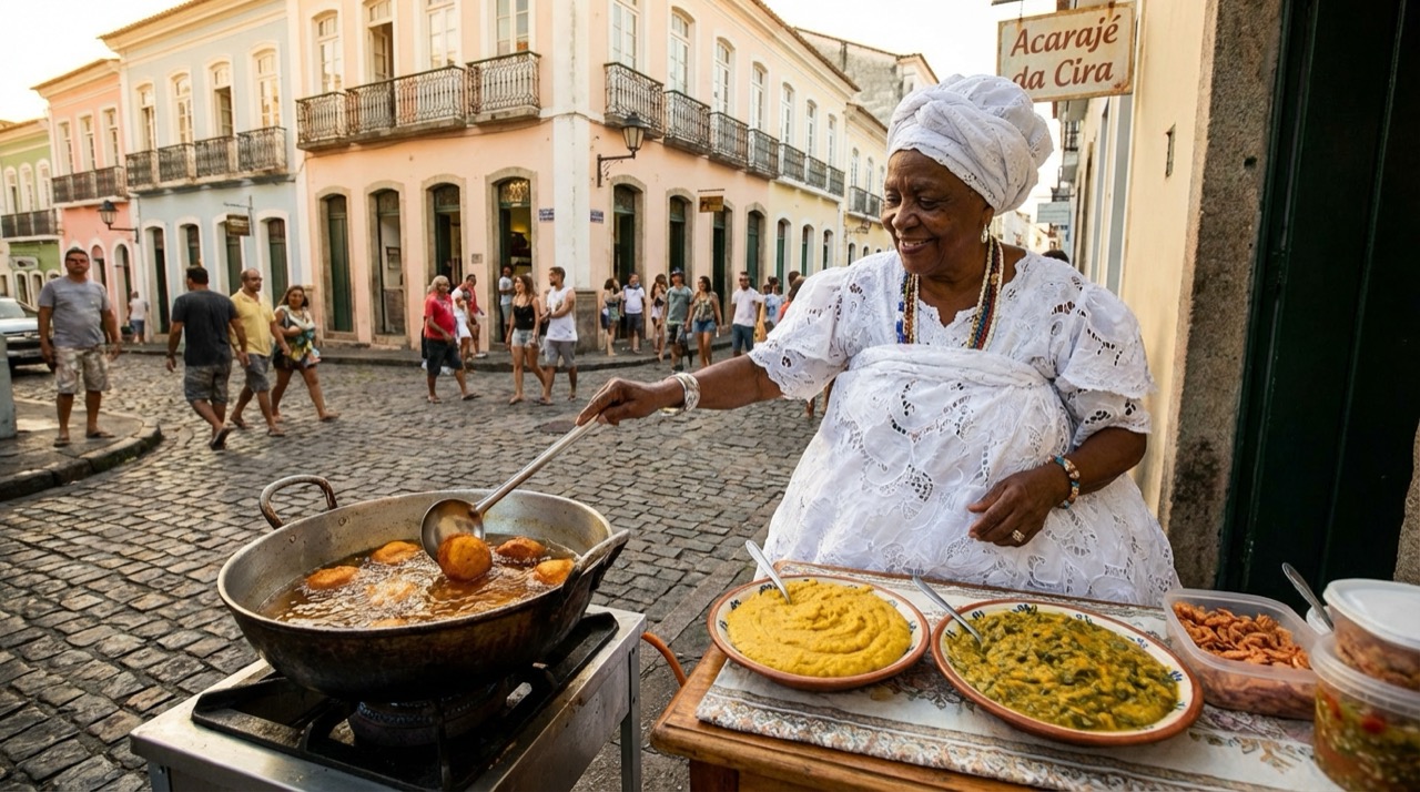 A traditional baiana de acarajé vendor in full white dress and turban, frying acarajé in a large pot of dendê oil on a Salvador street corner, with plates of vatapá and caruru beside her