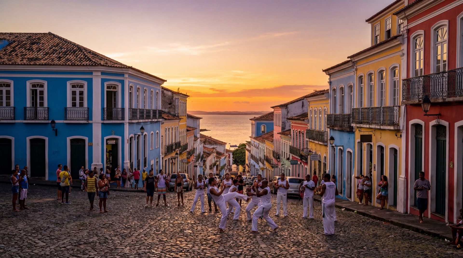 Colorful colonial buildings of Pelourinho in Salvador, Bahia, with cobblestone streets, bright blue and yellow facades, capoeira performers in the foreground, and the Baía de Todos os Santos visible in the background under a tropical sunset sky