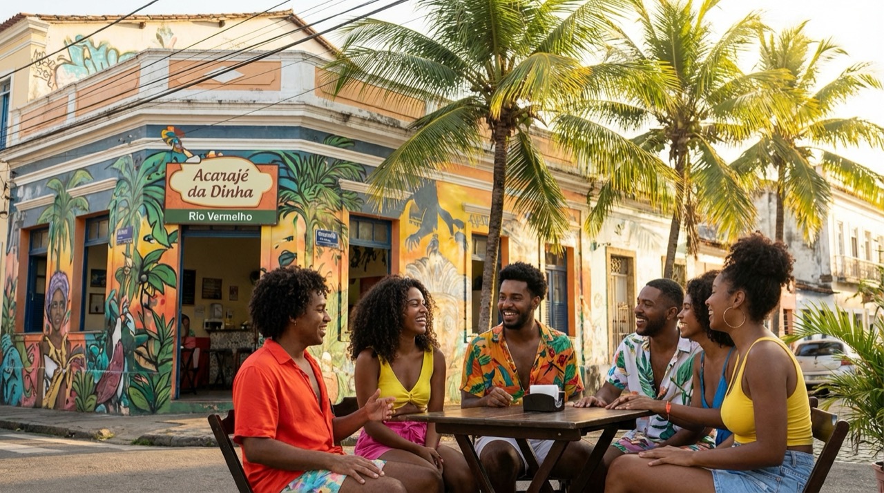 A group of young Bahian friends laughing and talking on a colorful street corner in Rio Vermelho, Salvador, with graffiti art and palm trees in the background