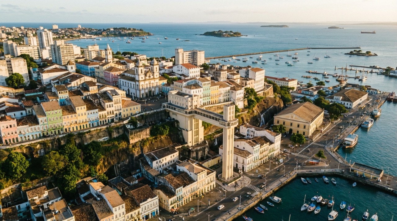 Aerial panorama of Salvador showing the contrast between Cidade Alta and Cidade Baixa, with the Baía de Todos os Santos, colonial churches, and colorful buildings