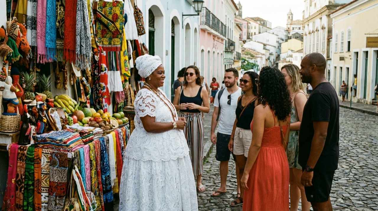 A friendly Bahian woman in traditional white lace dress (baiana) greeting tourists at a colorful market stall in Pelourinho, Salvador