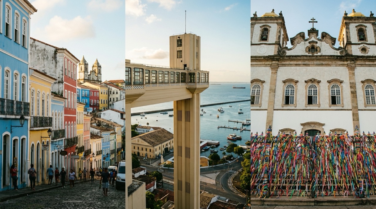 A montage of Salvador landmarks including the Elevador Lacerda, colorful Pelourinho streets, and the Bonfim church with its colorful ribbons