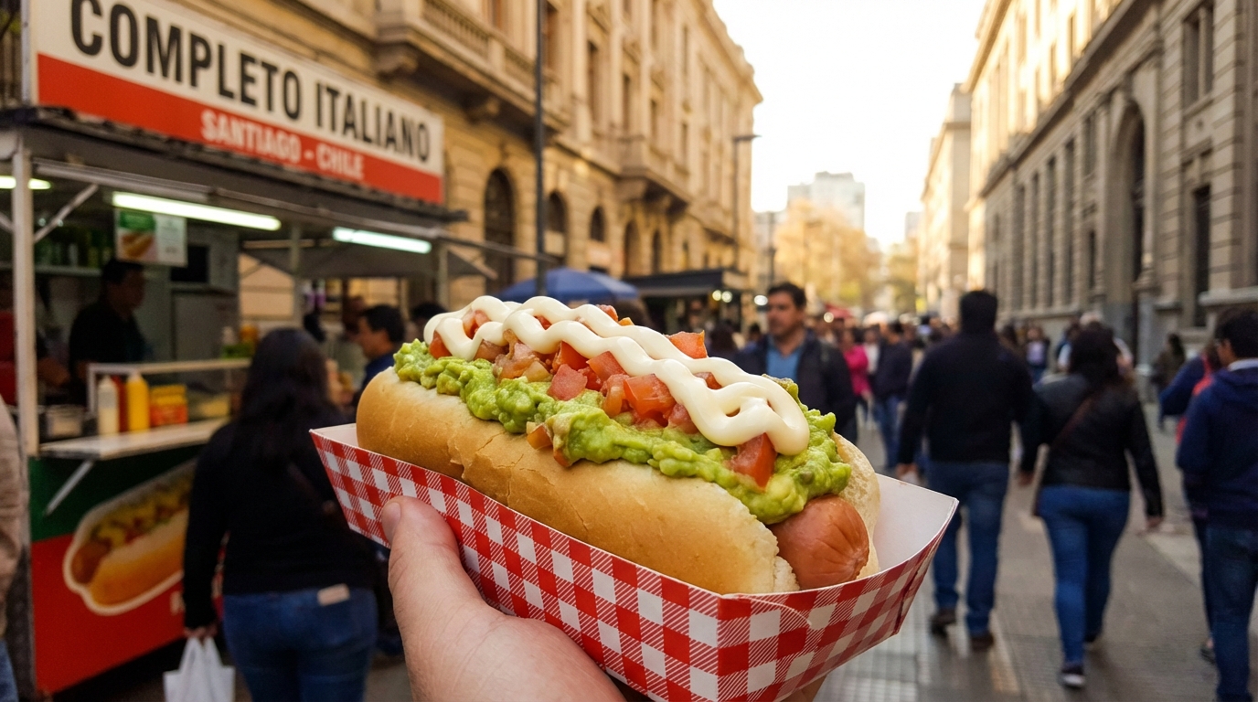 Chilean completo hot dog loaded with avocado, tomato, and mayo on a paper tray, casual street food setting in Santiago