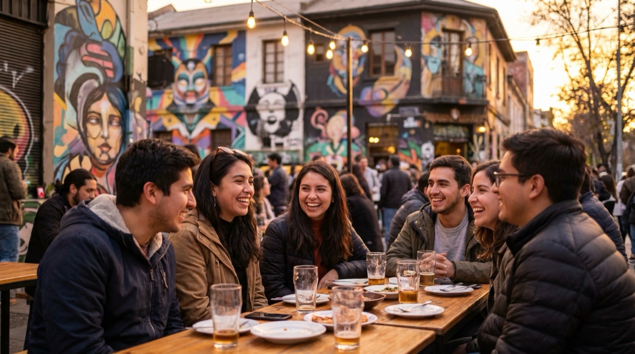 Group of young Chileans laughing together at a terrace bar in Barrio Bellavista, colorful murals in background, casual evening atmosphere