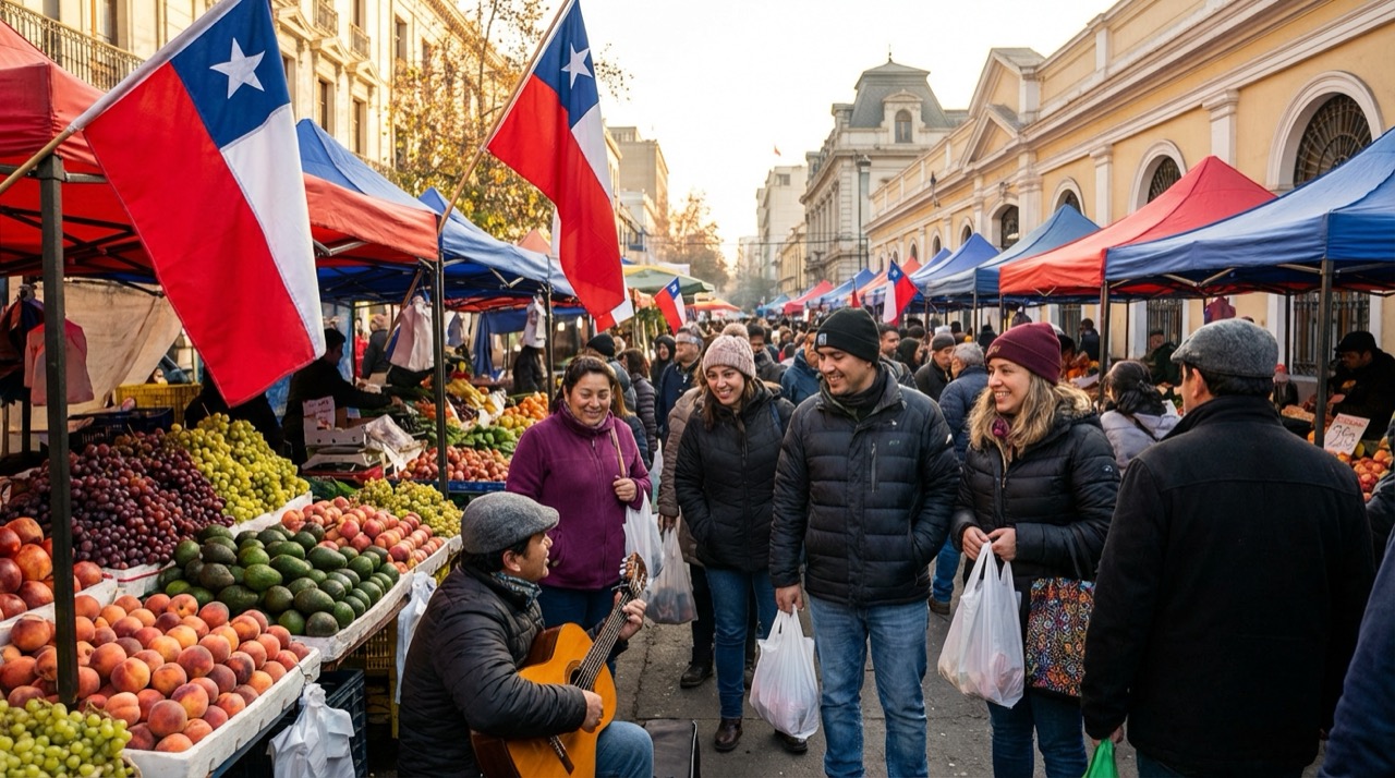 Bustling Santiago street market scene with fruit vendors and Chilean flags, warm natural light, people chatting casually