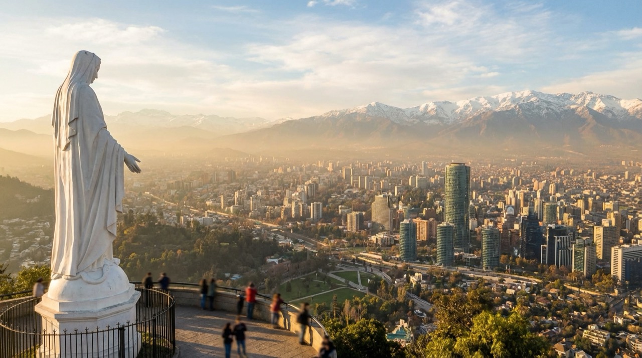 Panoramic Santiago view from the top of Cerro San Cristóbal with the Virgin Mary statue, Andes mountains backdrop, city stretching to the horizon