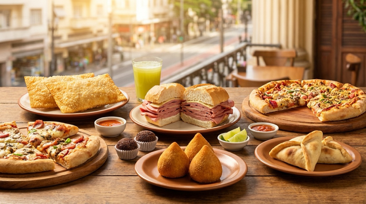 Spread of iconic São Paulo foods on a table: pastel, mortadela sandwich, pizza, coxinha, brigadeiro, esfiha, colorful food photography
